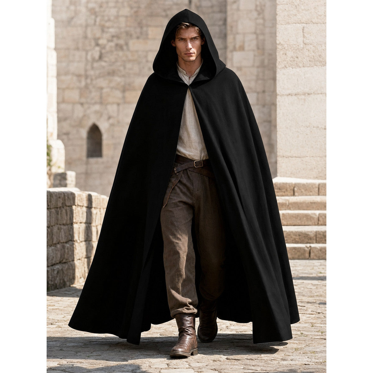 Black hooded carnival cloak, medieval lifestyle