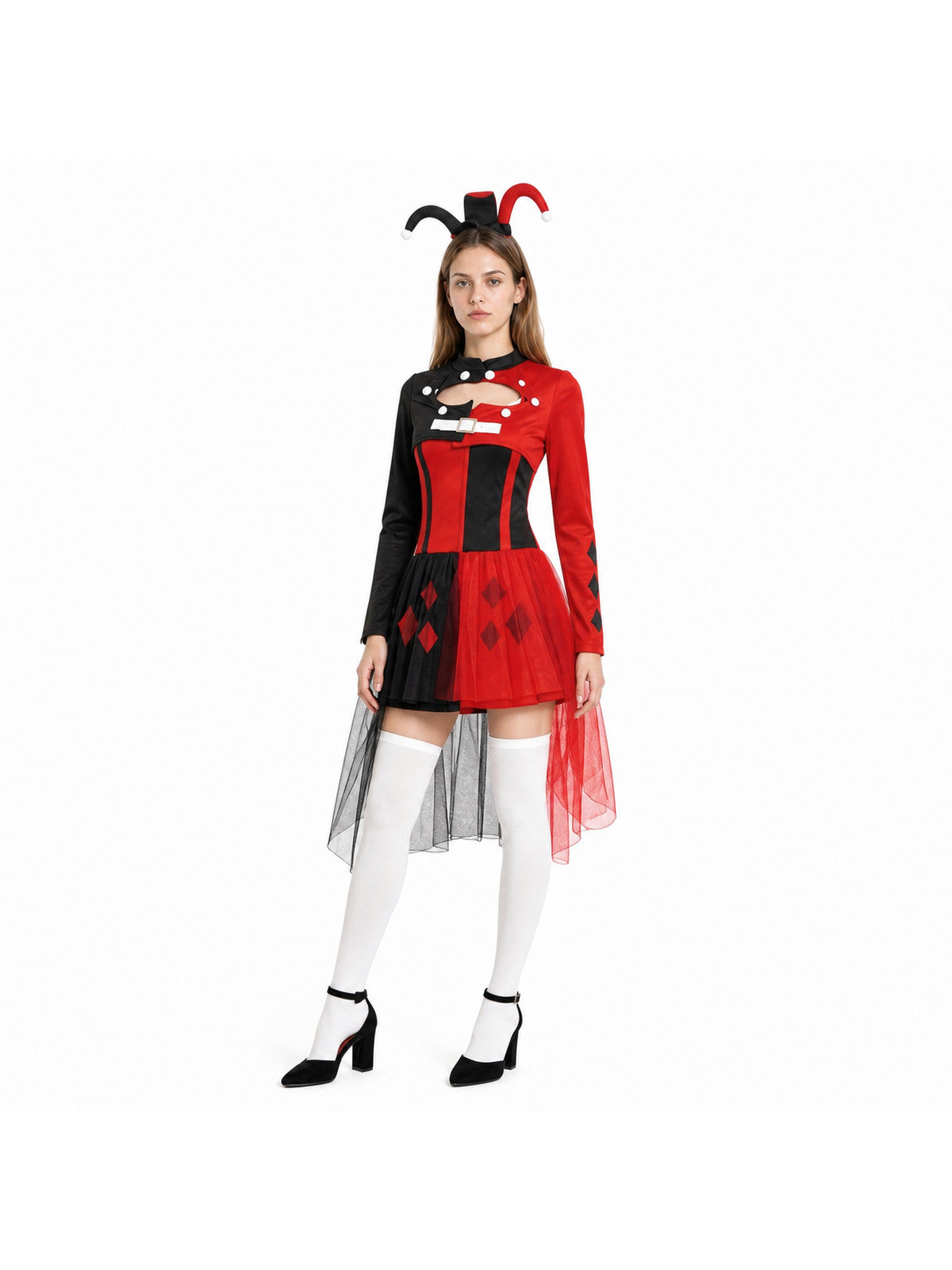 Black and Red Circus Clown Costume with Long Sleeves Costumes detail