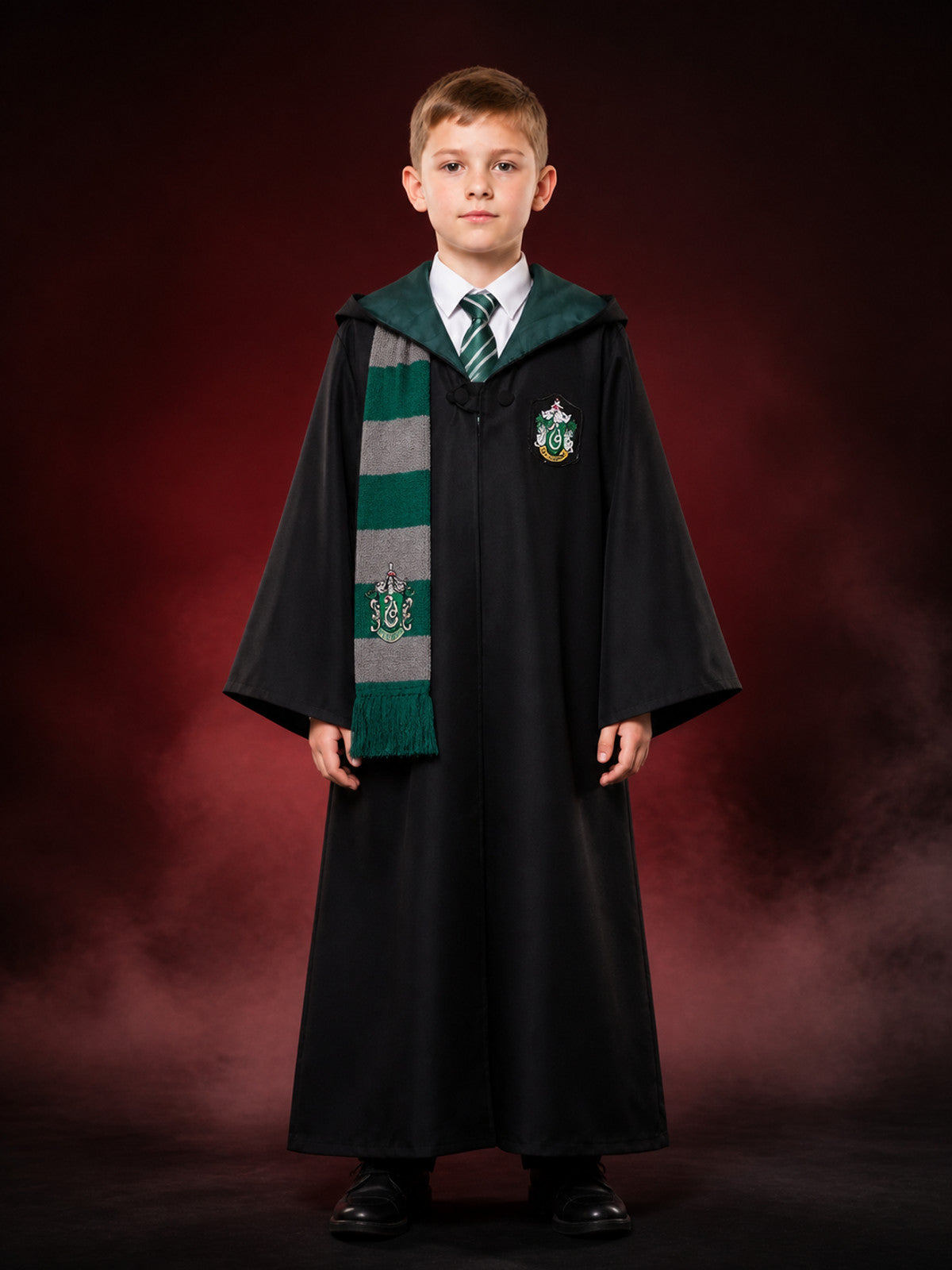 Kids' Slytherin Wizard Costume Set With Hooded Robe, Tie And Scarf main product view