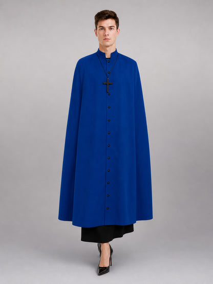 This is a long blue straight-cut robe with long sleeves, a high stand collar