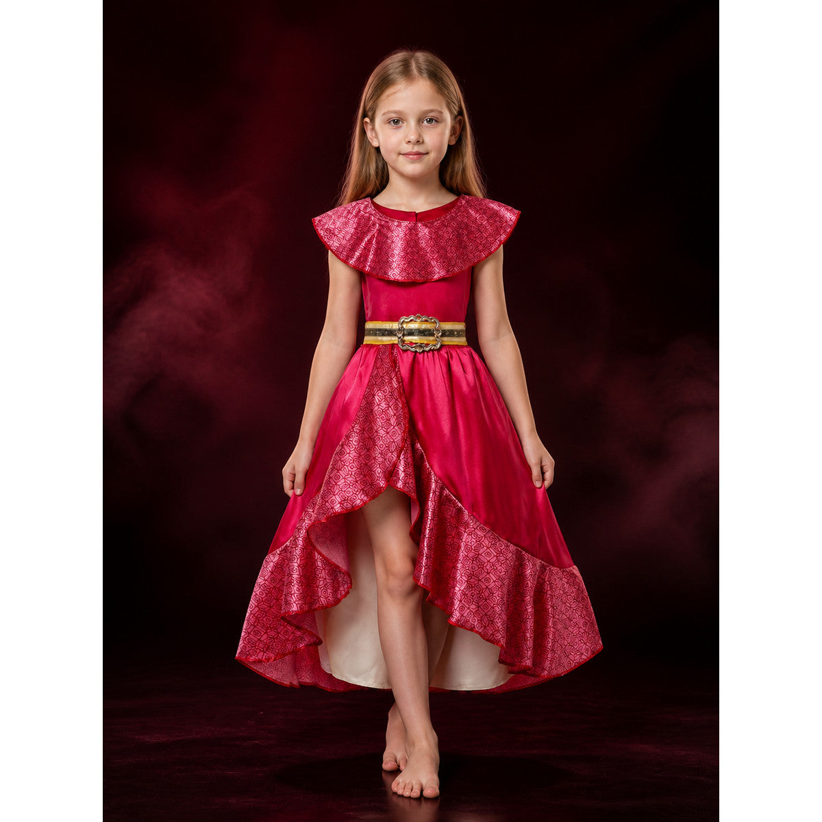 Girls' Pink Princess Costume Dress with Ruffle Collar and Gold Waistband for main product view
