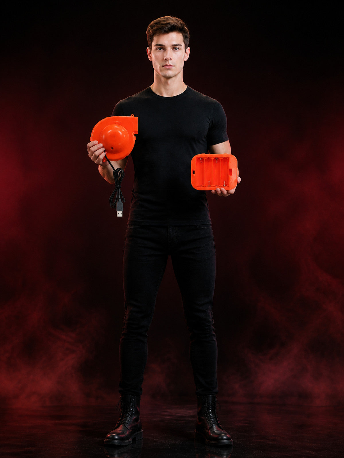 Portable Orange Air Pump with USB Cable and Battery Compartment main product view