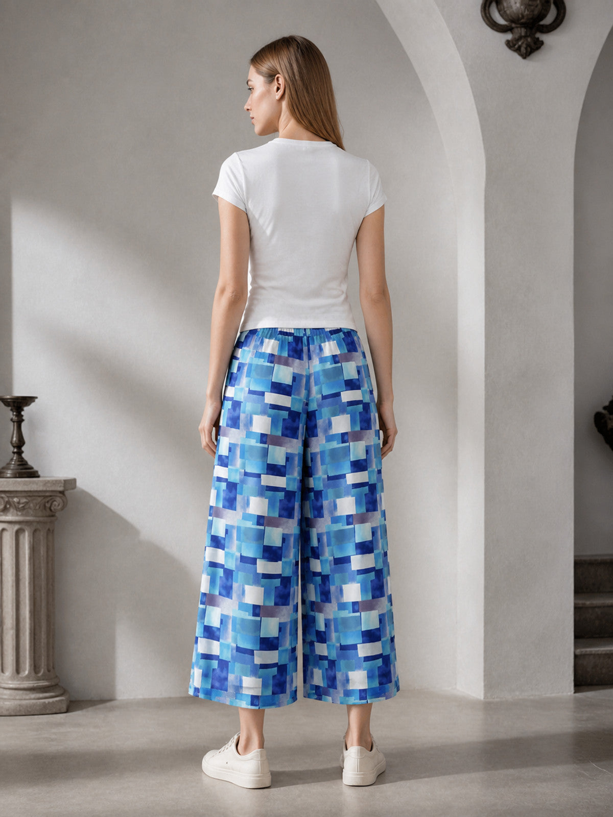 Blue and White Palazzo Pants with Geometric Print