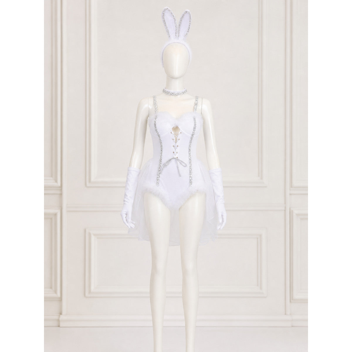 Bunny Cosplay Costume, White with Ears and Mesh