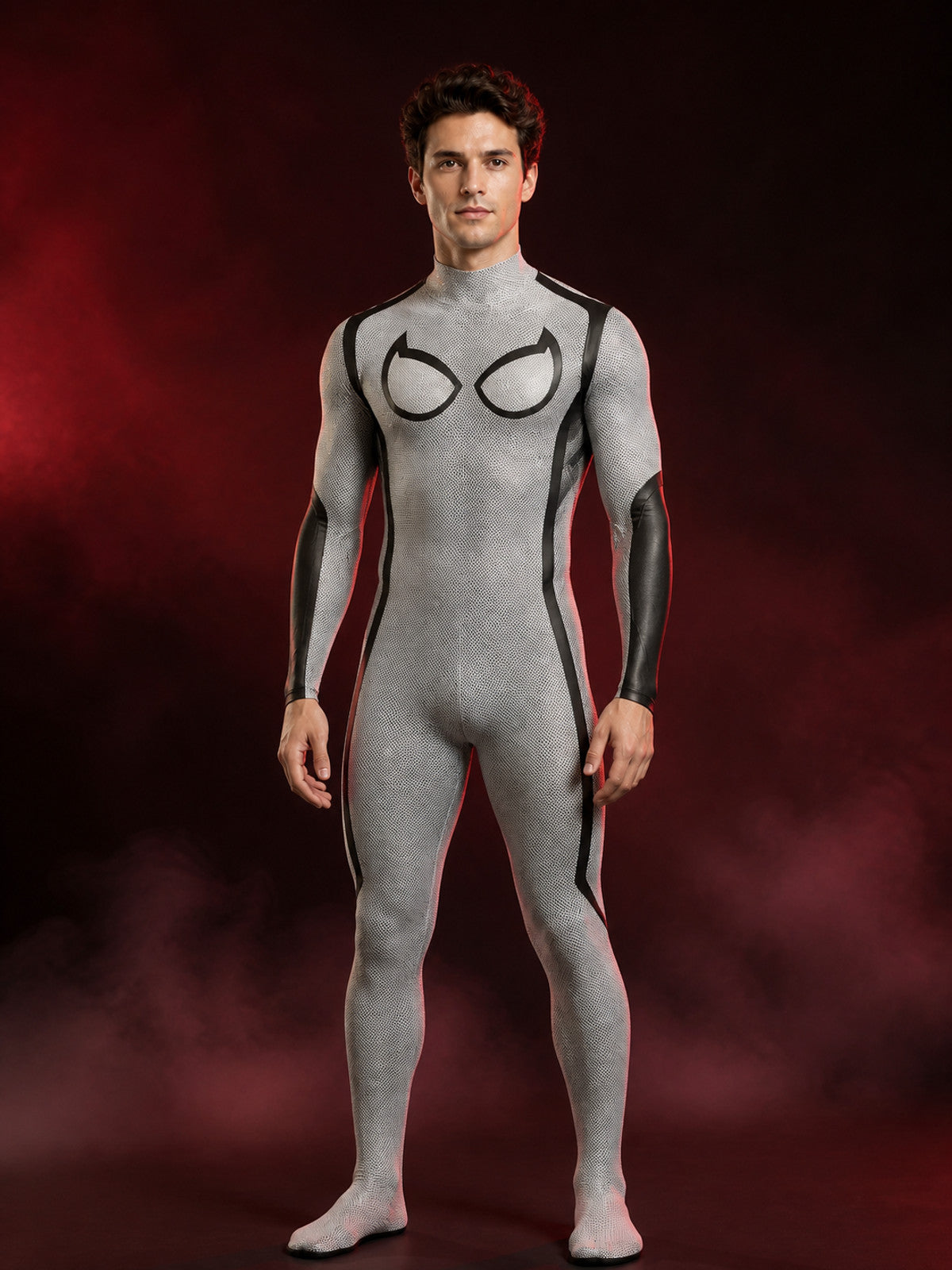 Men's Spider Superhero Bodysuit Costume, Black and White Mesh-Pattern Eye main product view