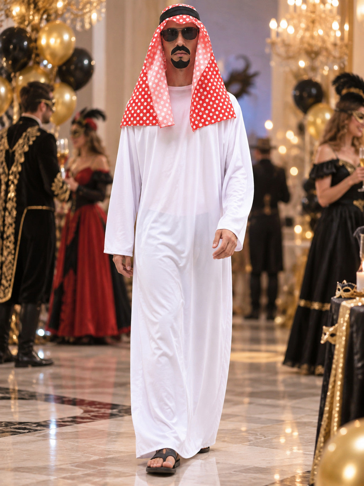 Arab Sheikh Costume with White Robe and Red Headscarf