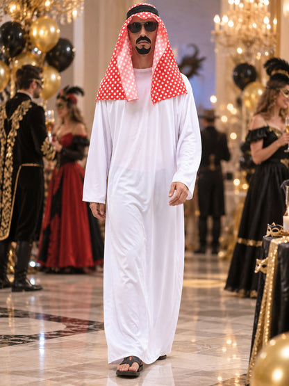 Arab Sheikh Costume with White Robe and Red Headscarf