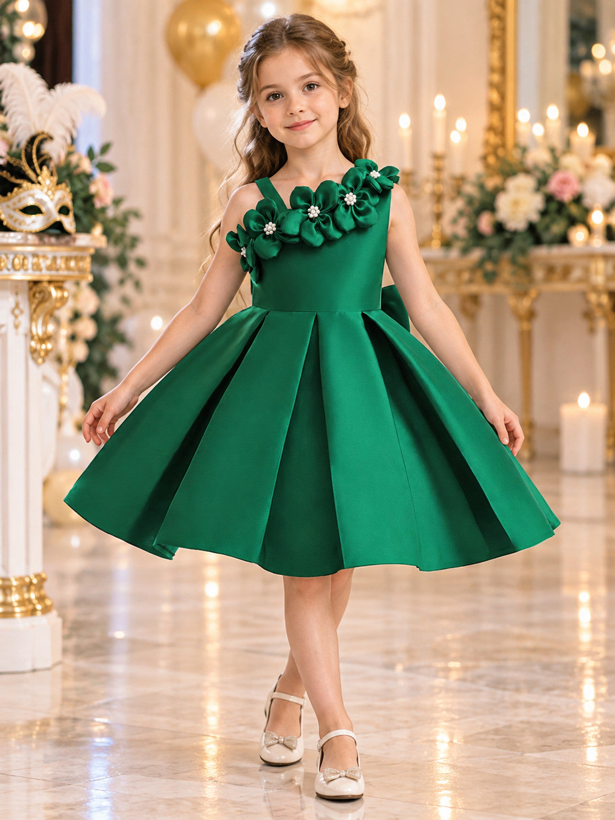 Dark Green Dress with Floral Appliqués lifestyle view