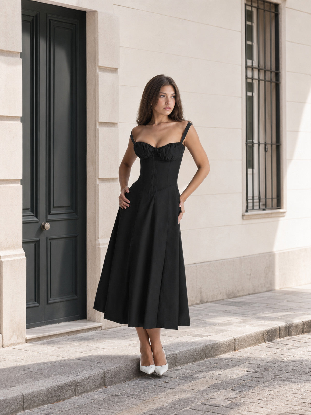 Women's black spaghetti-strap dress with a sweetheart neckline Costume Dresses detail