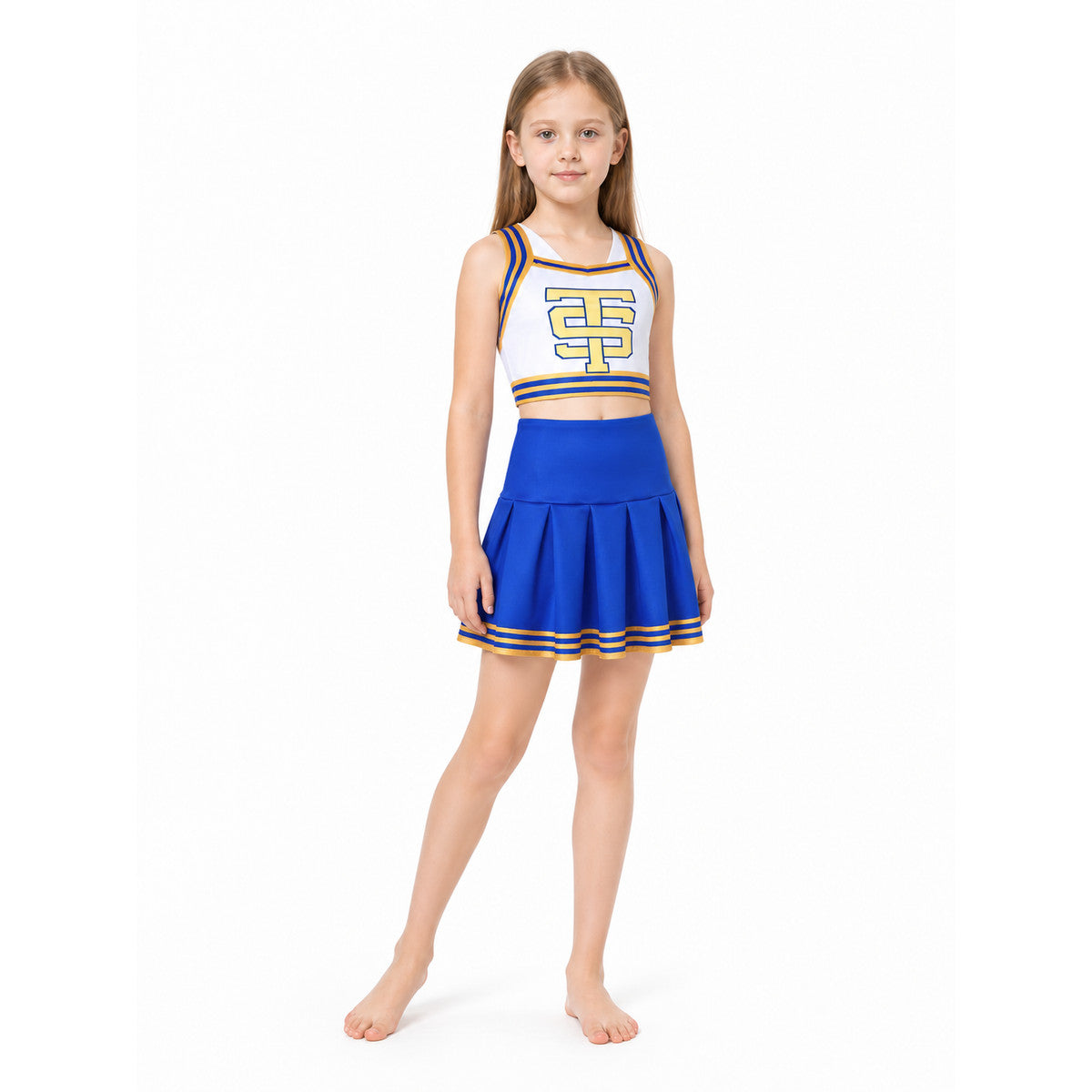 Girl wearing the blue and yellow TS cheer crop top and pleated skirt set, front view