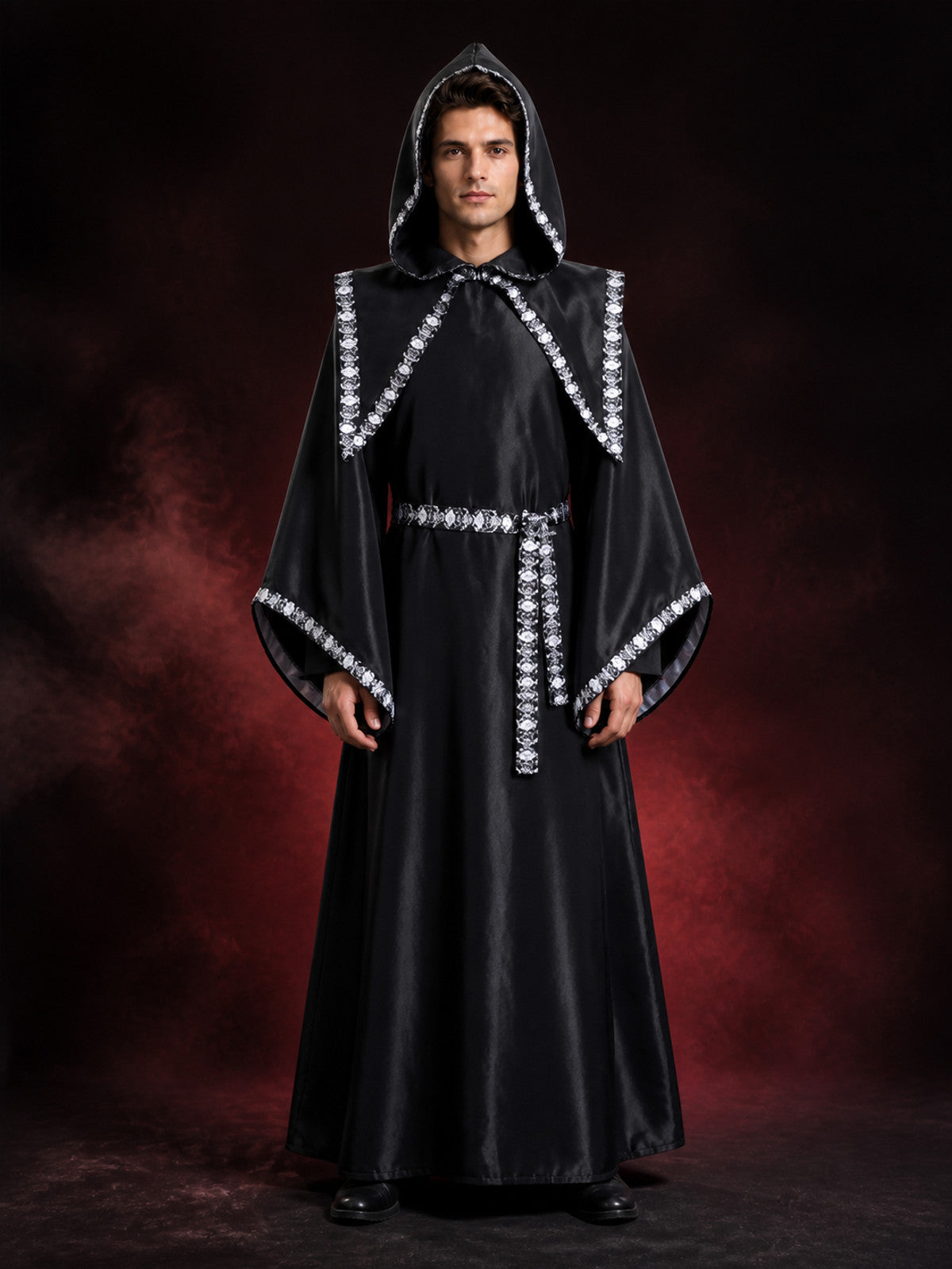 Adult Black Wizard Costume Set, Hooded Long Robe With Silver Trim, Cloak And main product view