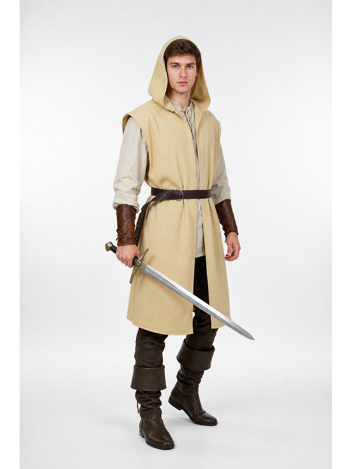Khaki hooded cloak shown on a full-body model from an angled view, with a brown belt and a sword accessory