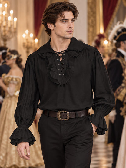 Black shirt with ruffles, lacing, and gathering