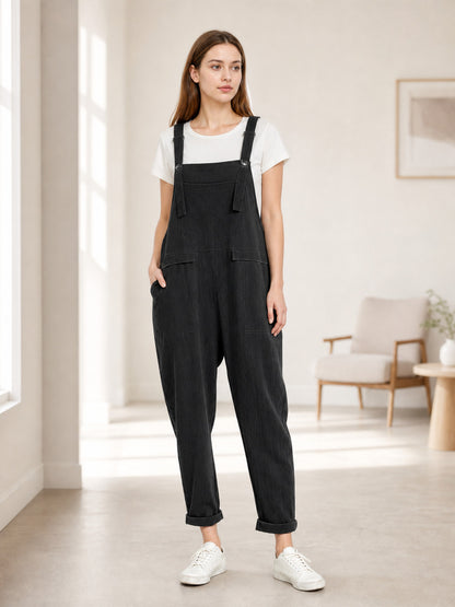 Black Bib Overalls, Loose Fit Long Pants with Chest and Side Pockets, Folded