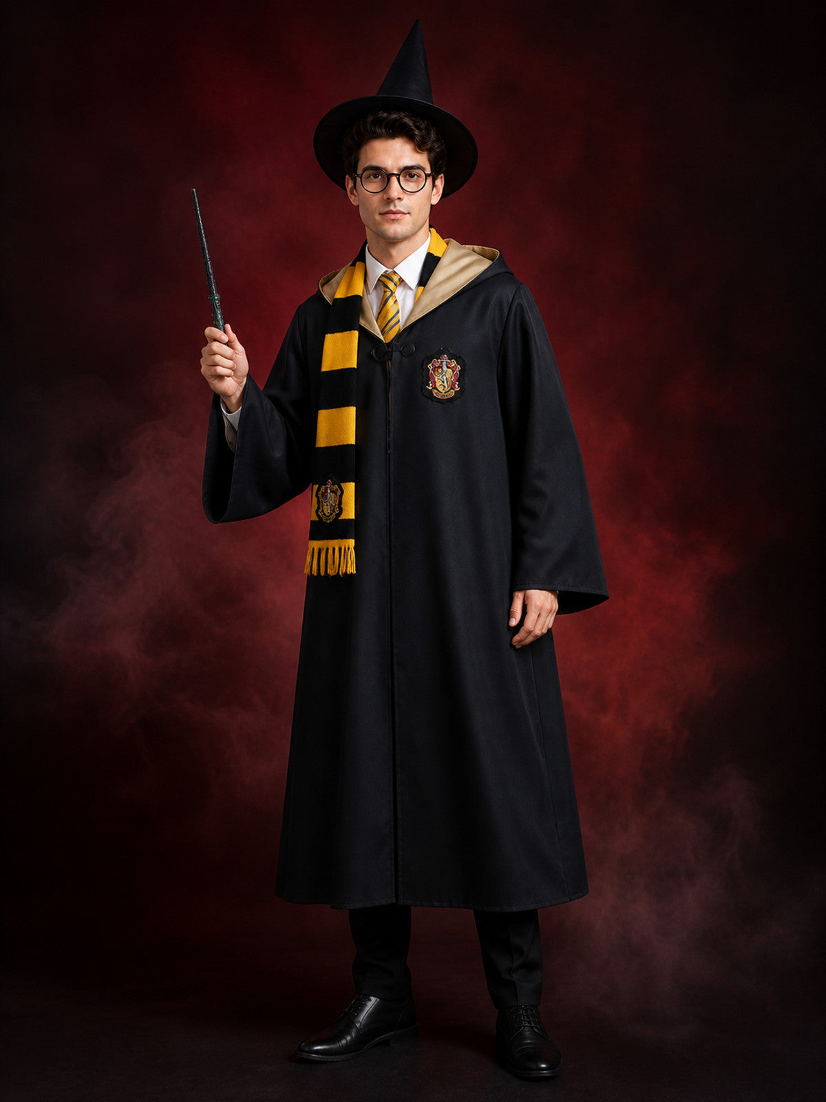 Wizard Halloween Costume Set - Black Hooded Robe with Striped Tie, Scarf main product view