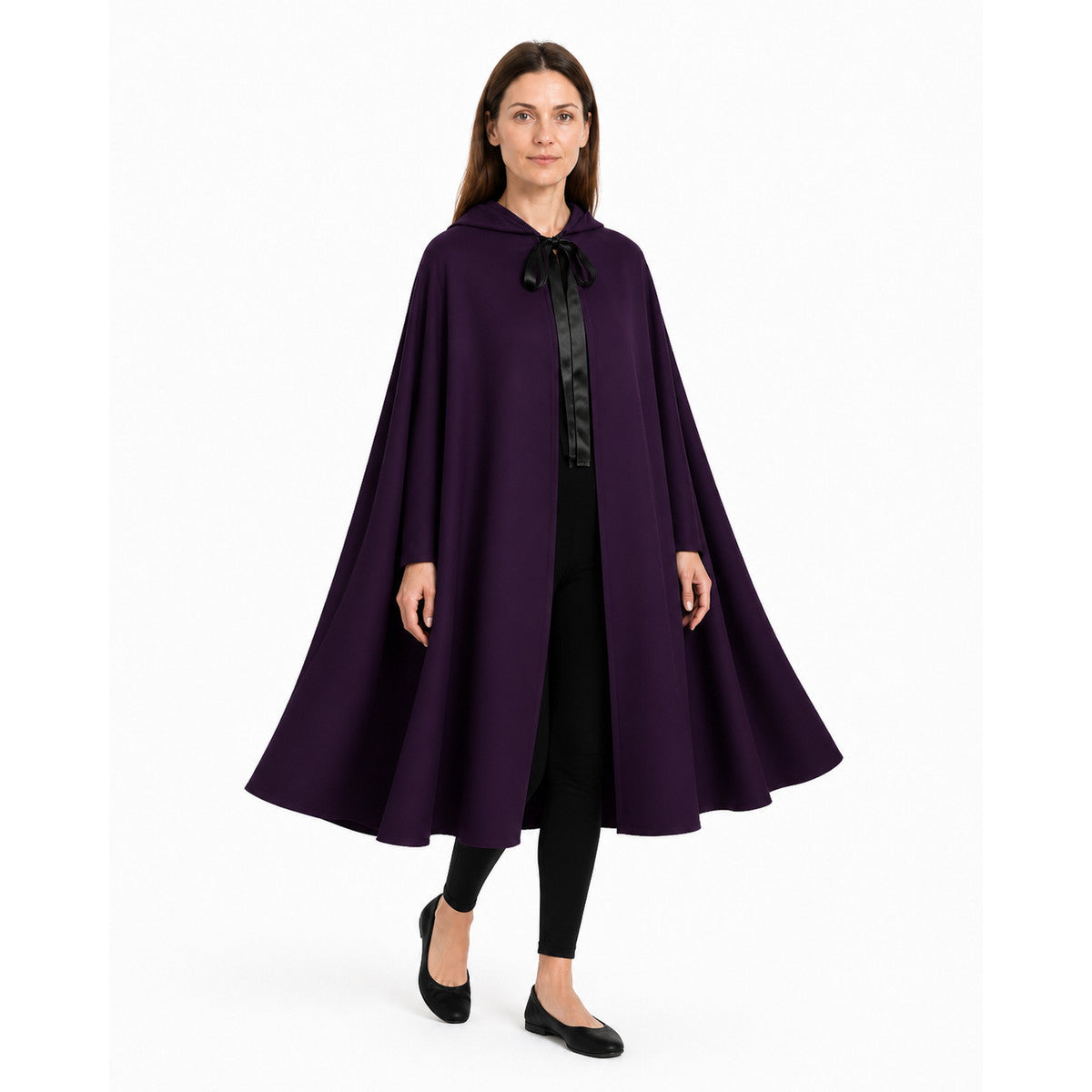 Purple Hooded Cape with a Wide Hem for Halloween on-model front view