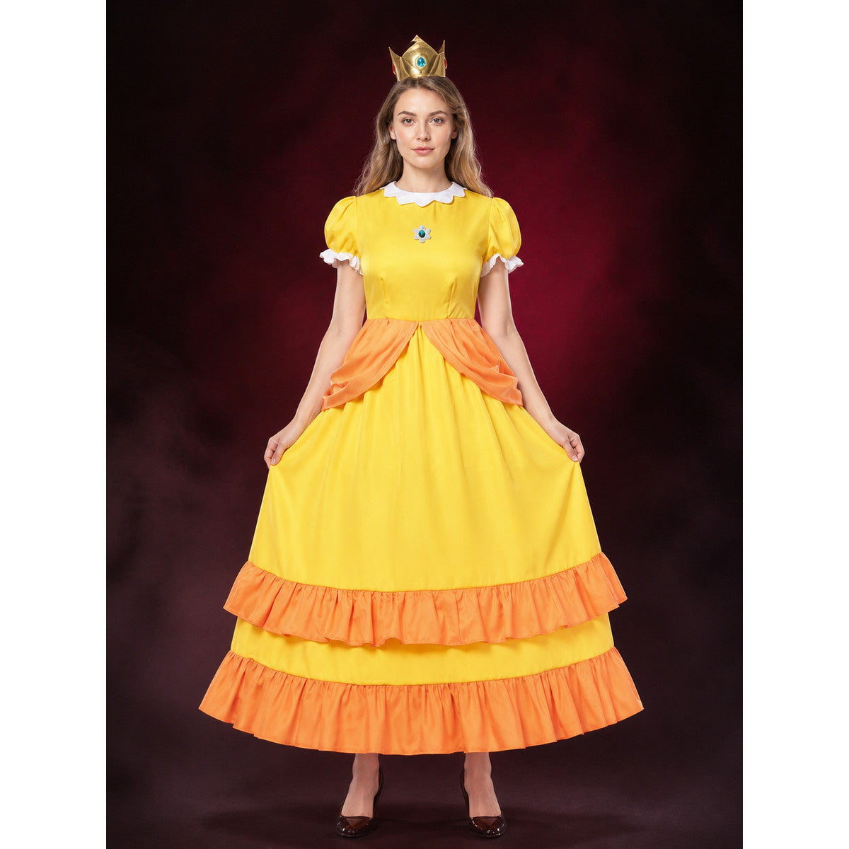 Yellow Princess A-Line Cosplay Costume Dress, Puff Sleeves, Orange Ruffles main product view