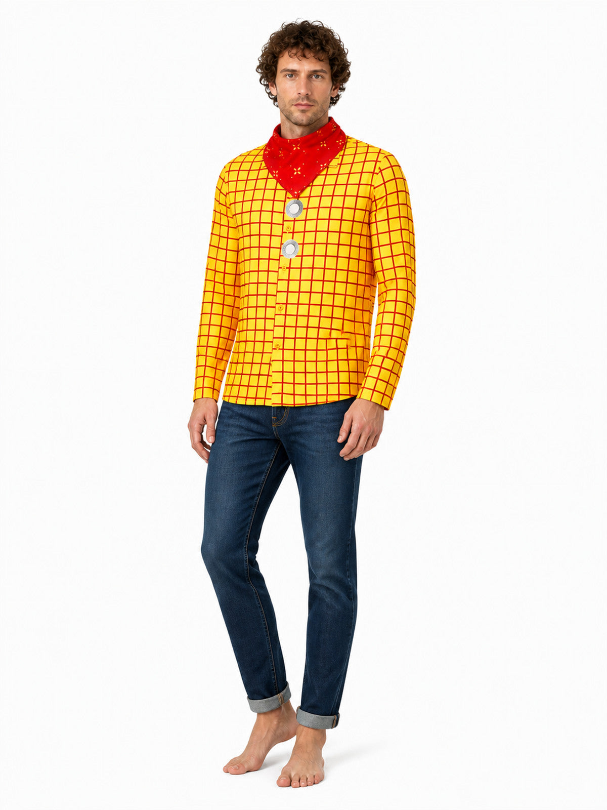 Woody Cosplay Shirt, Yellow with Red Plaid Costumes detail