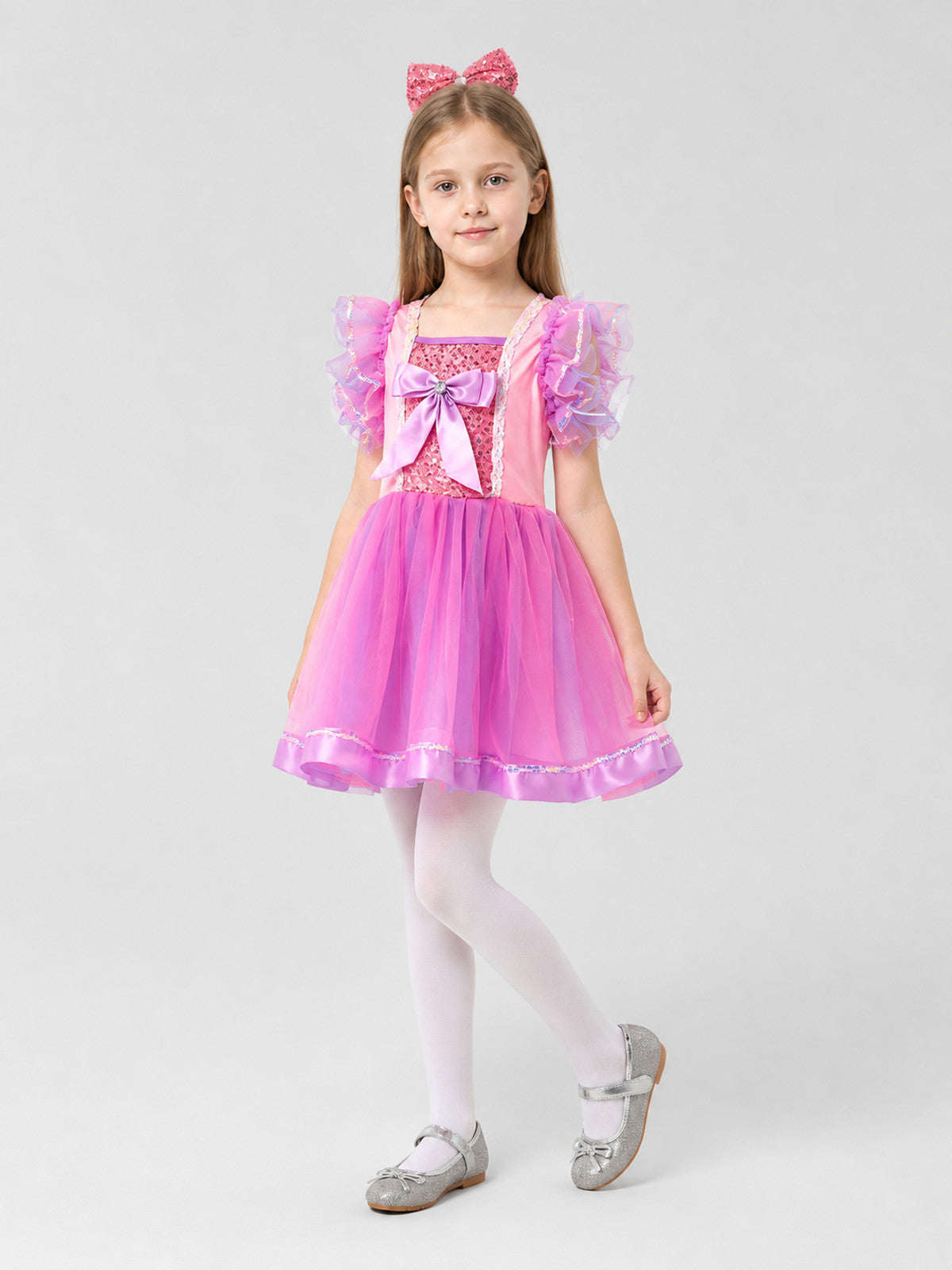 Girls' Fluffy Tutu Dress with a Bow and Sequins for Stage Performances