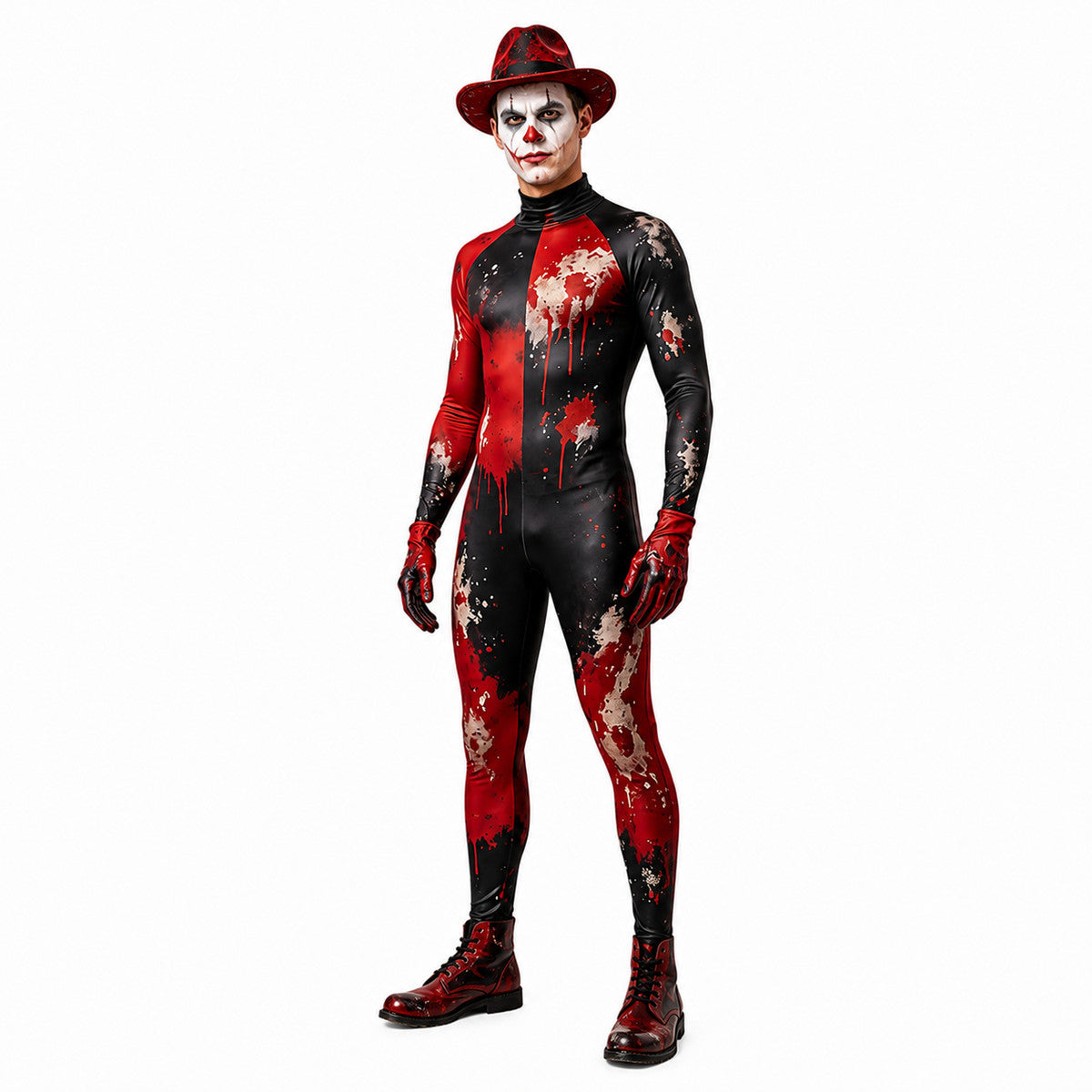 Red and Black Fitted Clown Costume with Blood Stains Costumes detail