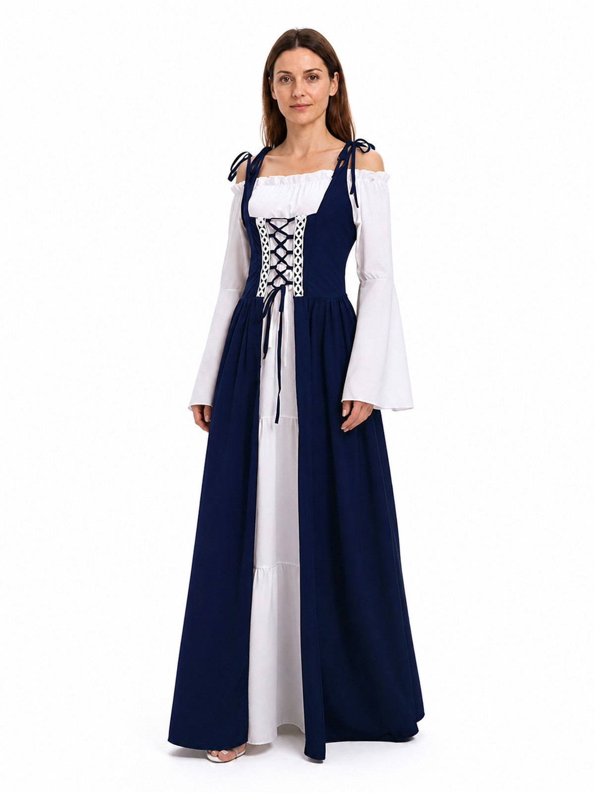 Medieval Dress with White Lacing, Blue and White, S–3XL