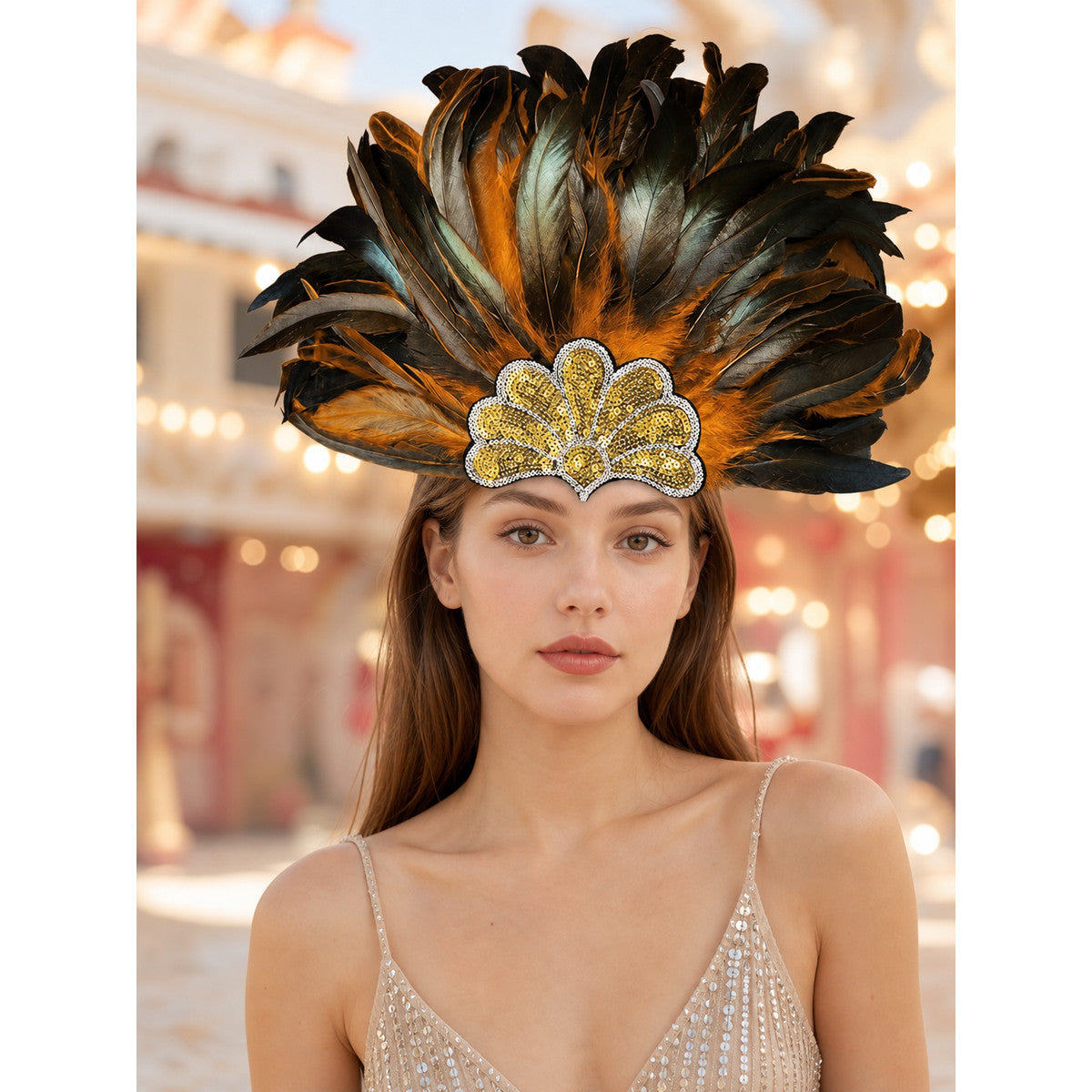 Feathered Headpiece with Gold Sequins lifestyle