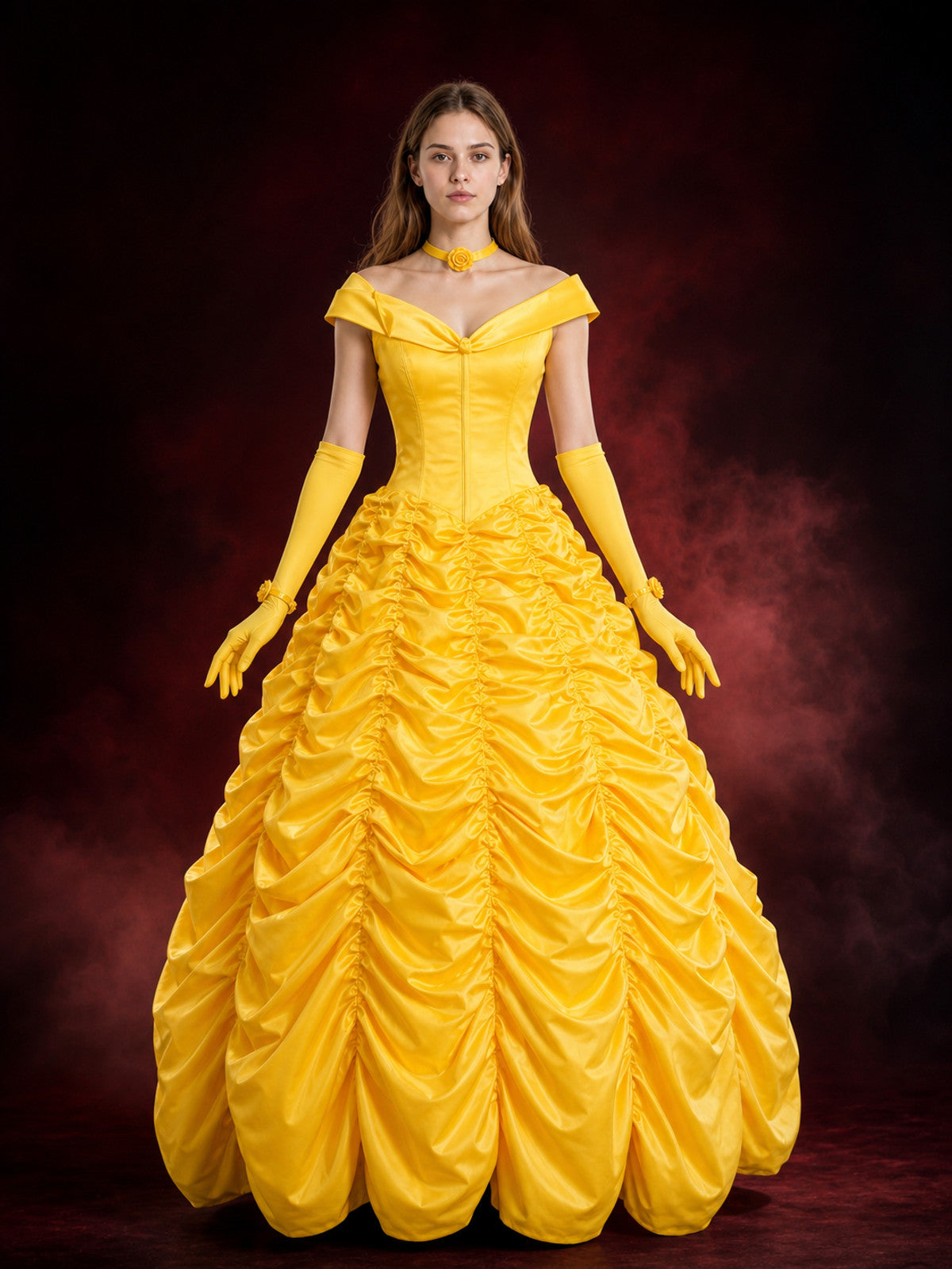 Women's Yellow Princess Costume Dress with Off-Shoulder, Ruffled Skirt, Gloves main product view