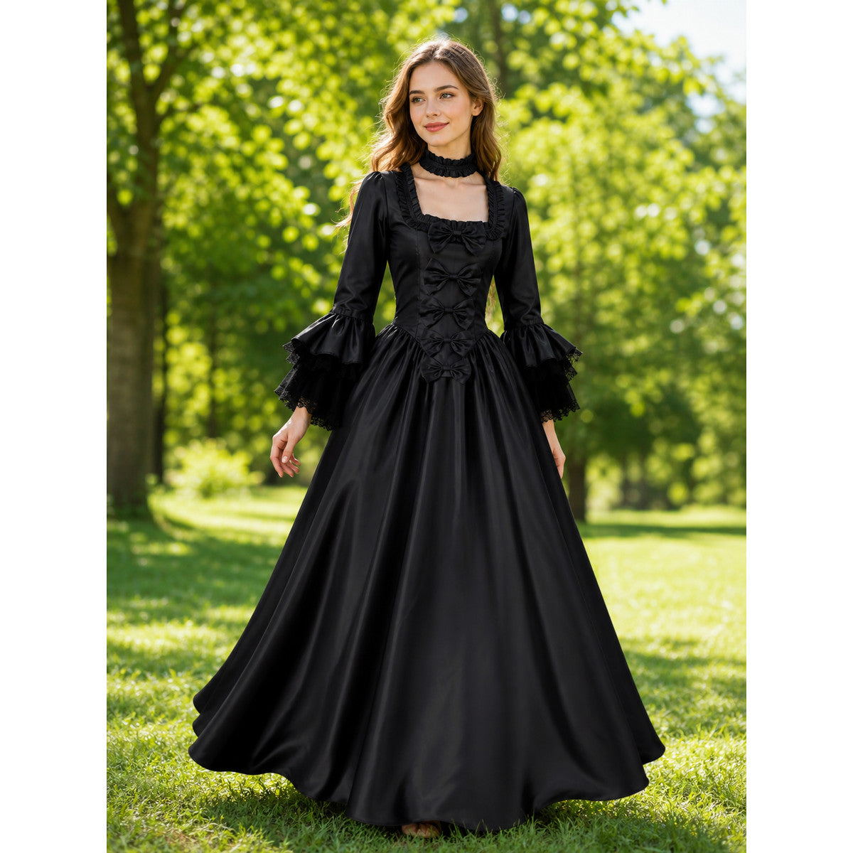 Gothic-Style Dress with Ruffles and Bows lifestyle