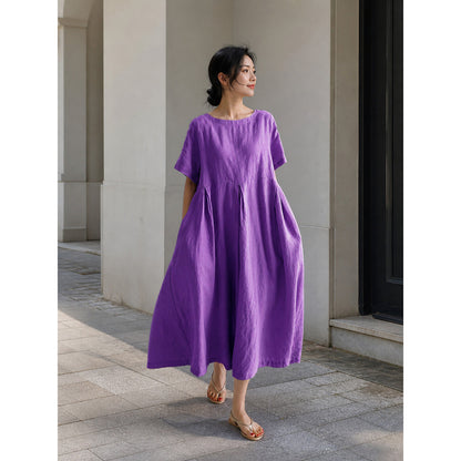 Women's Purple Loose A-Line Dress with Short Sleeves