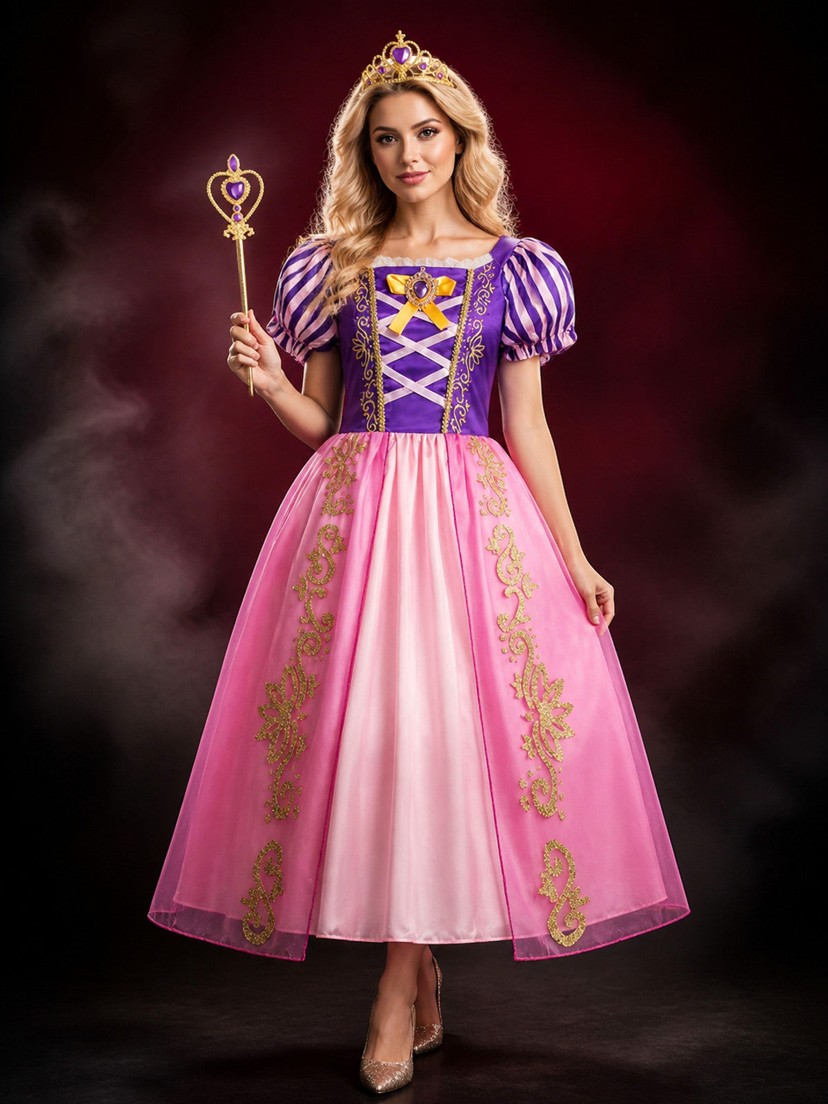 Girls Princess Halloween Costume Set with Crown and Magic Wand, Puff Sleeve main product view