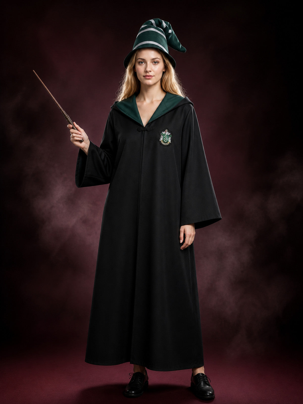Green Wizard Costume Set with Hooded Robe, Pointed Hat and Wand main product view