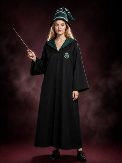 Green Wizard Costume Set with Hooded Robe, Pointed Hat and Wand main product view