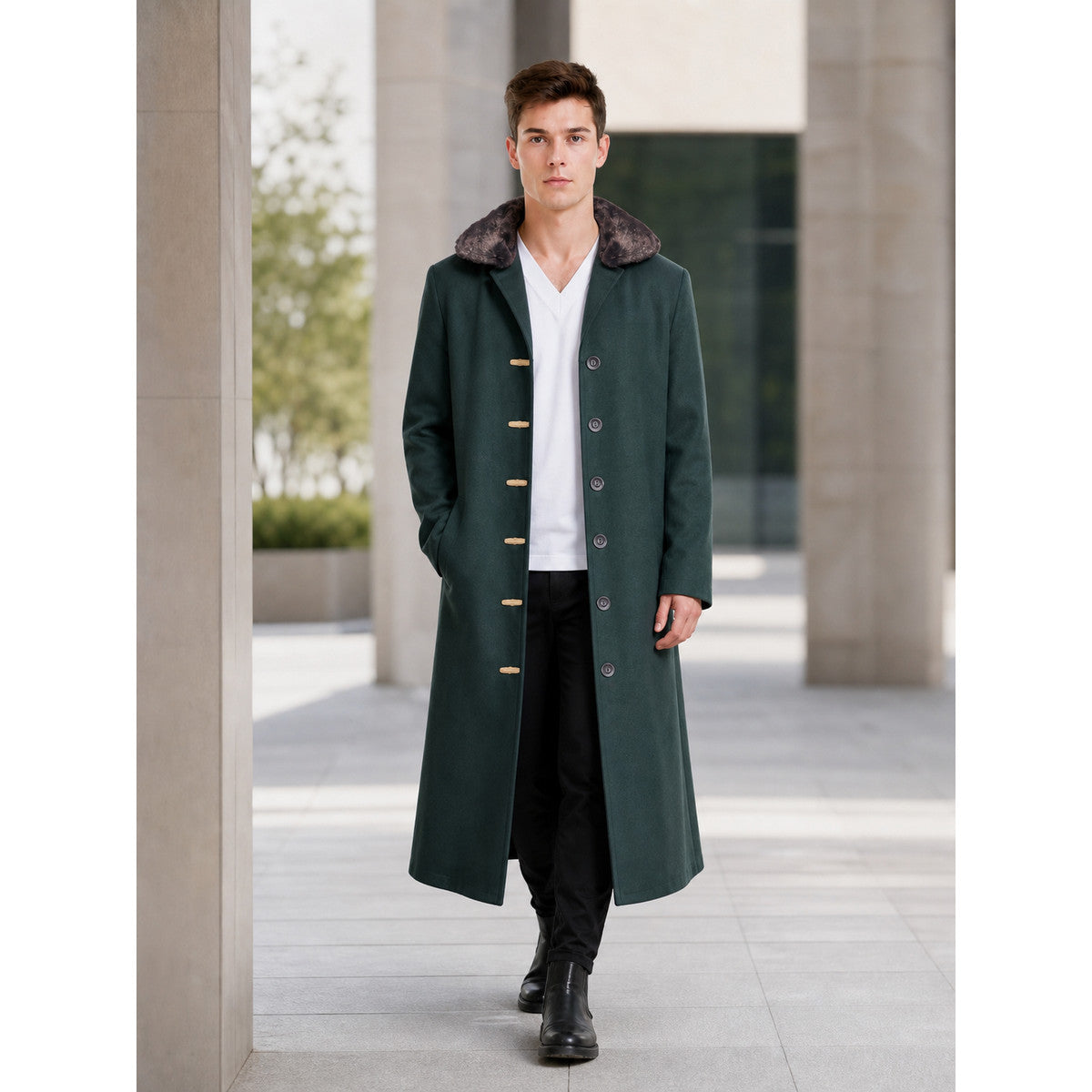 Dark Green Cosplay Coat with Fur Collar lifestyle view