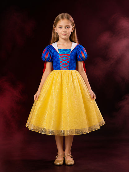Kids Princess Costume Dress with Cape, Blue and Yellow Ball Gown Halloween main product view