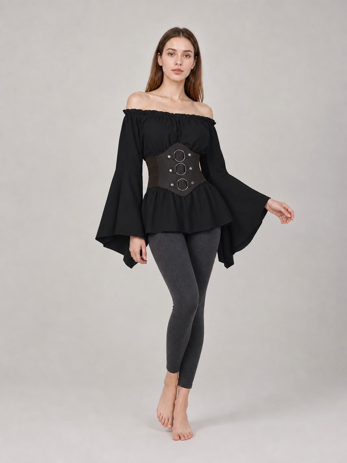 Gothic Costume Dress with a Belt and Flared Sleeves
