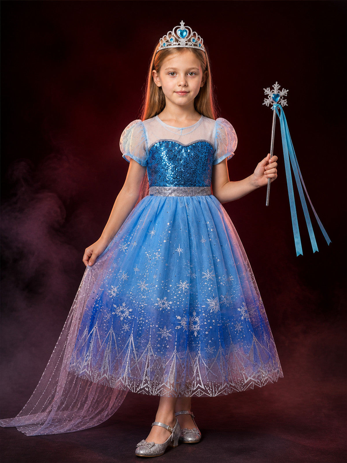 Kids Snow Queen Blue Sequined Snowflake Puffy Princess Dress Halloween Costume
