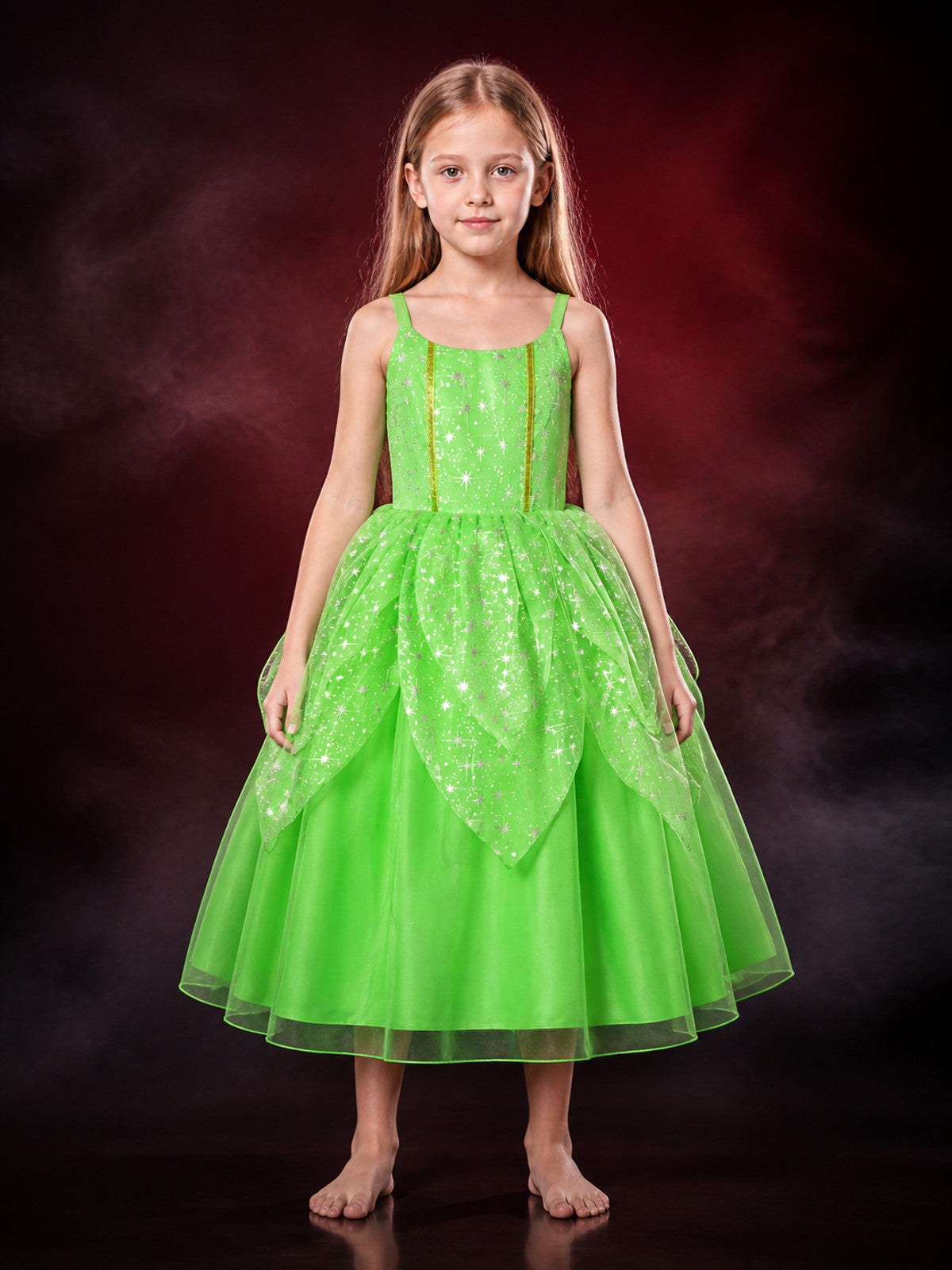 Kids Green Princess Dress Costume with Glitter Stars and Tutu Skirt for