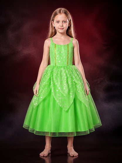 Kids Green Princess Dress Costume with Glitter Stars and Tutu Skirt for