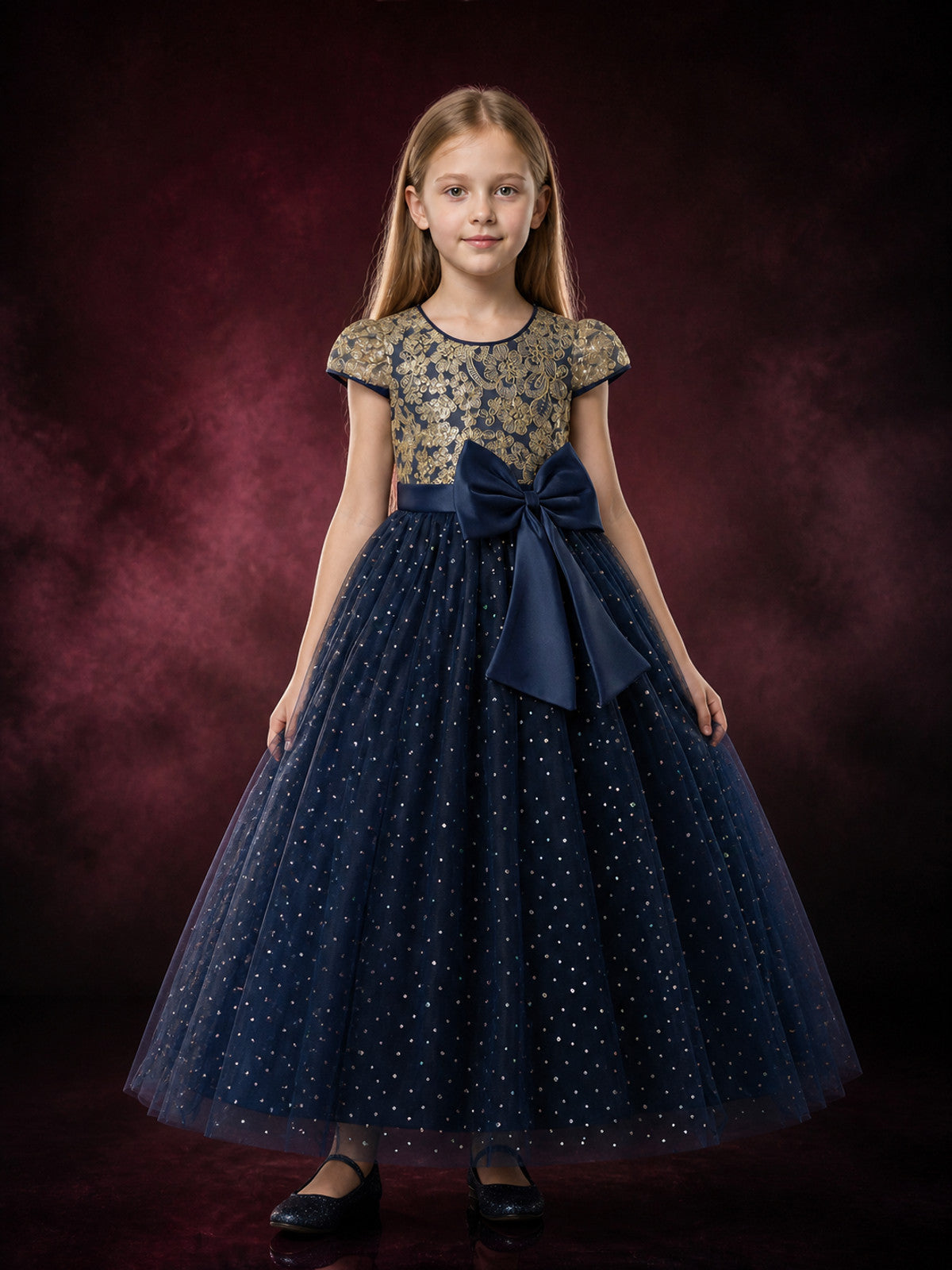 Girls' Navy Blue Princess Party Dress with Gold Embroidery, Bow, and Glitter Dot main product view