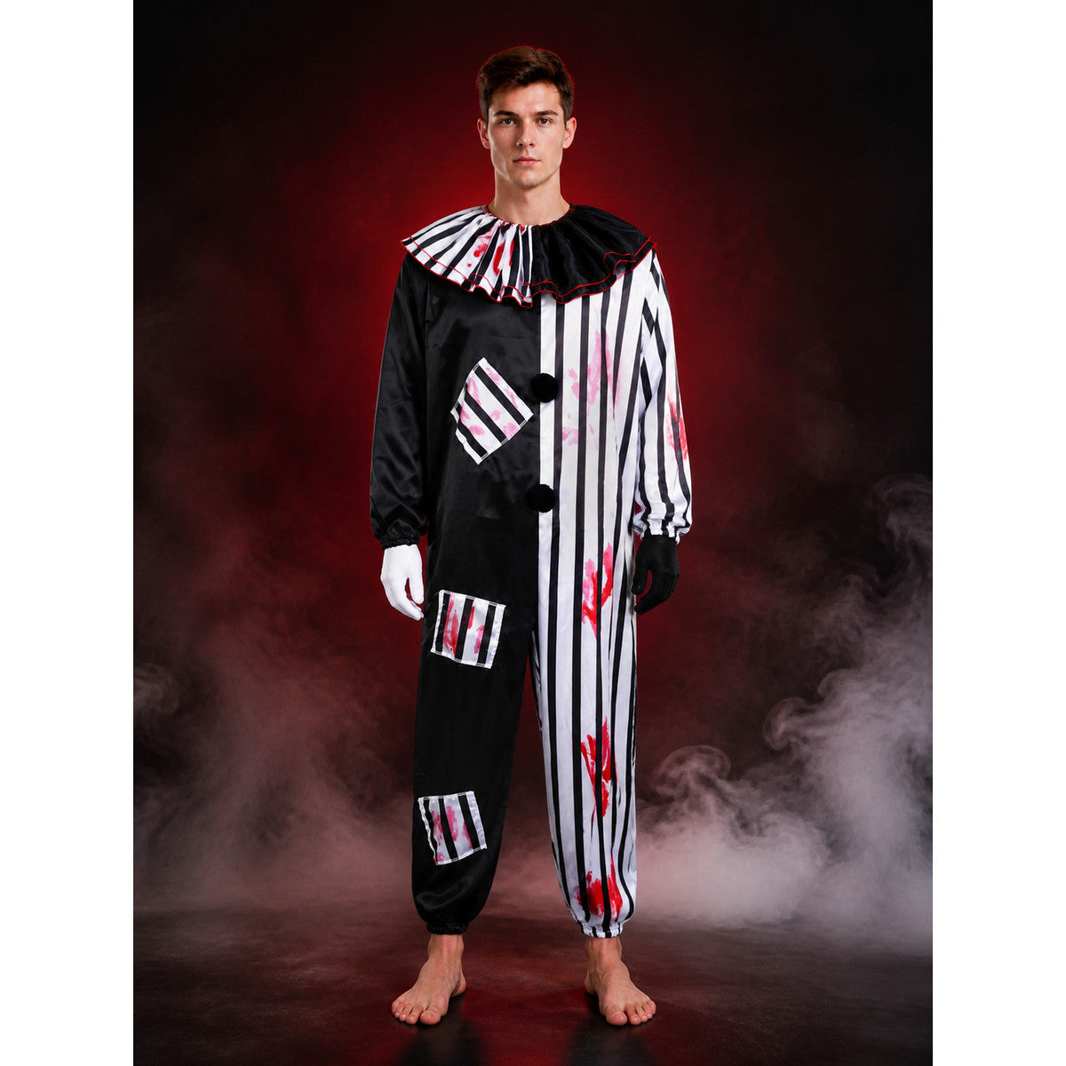 Horror Clown Jumpsuit Costume, Ruffled Collar, Striped Splatter Print main product view