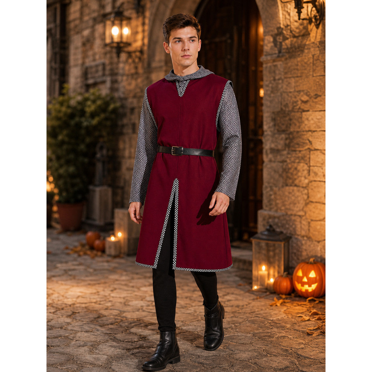 Halloween Medieval Knight Cosplay Costume Set, 3-Piece Burgundy Sleeveless Robe, Silver Chainmail Top And Black Belt For Role Play
