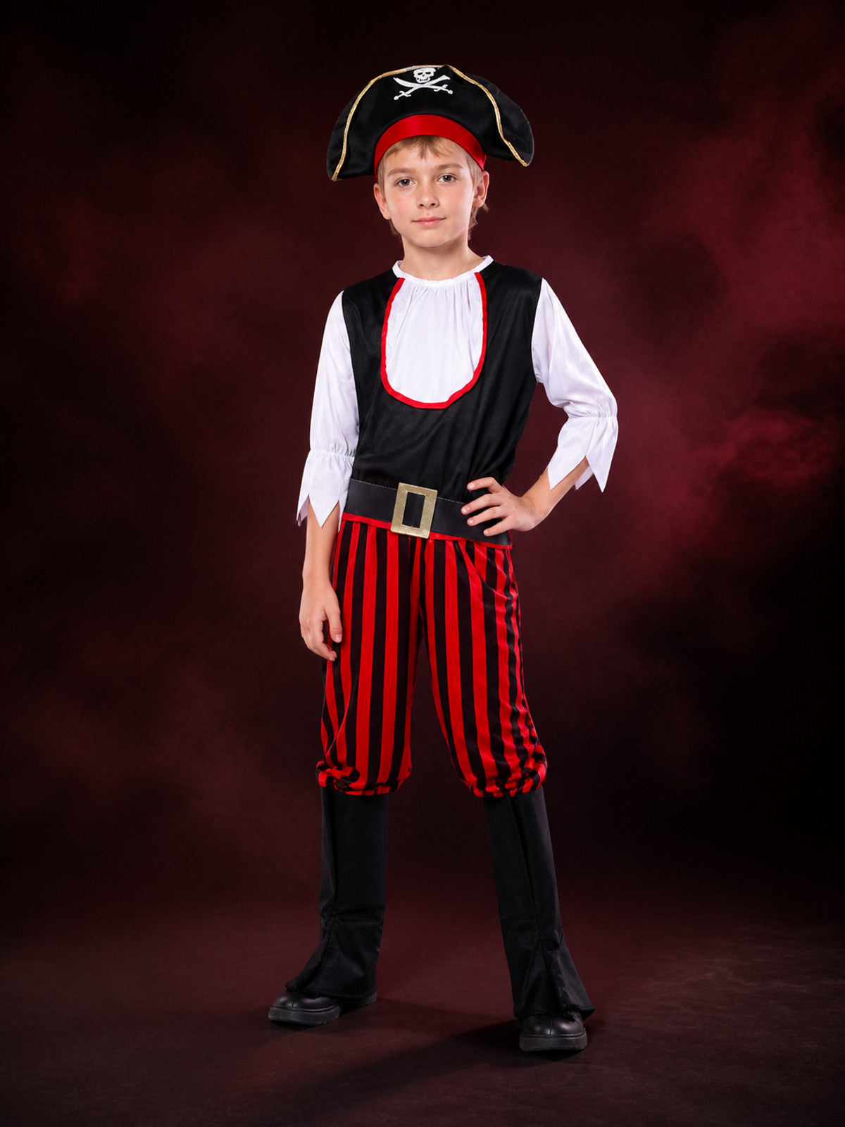 Kids Pirate Costume Set - Black & Red Striped Outfit with Skull Hat main product view