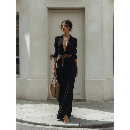 Long black dress with long sleeves and a belt