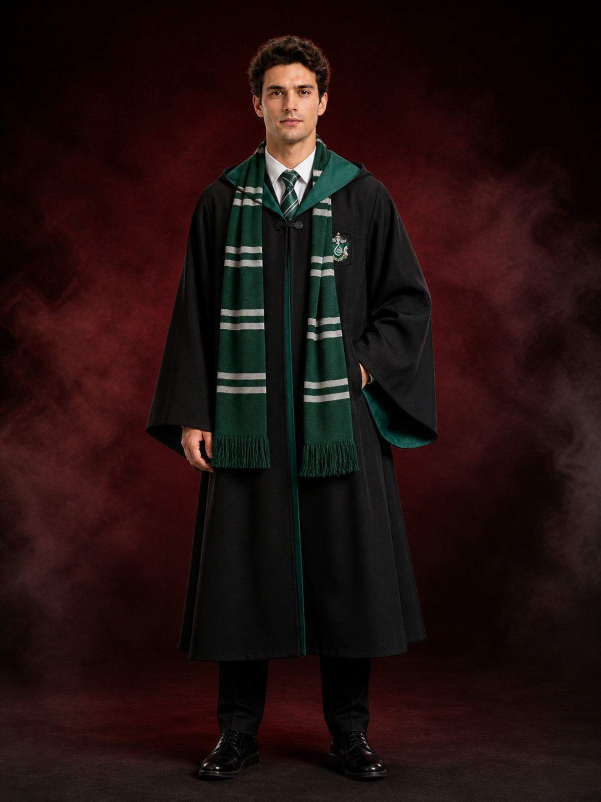 Wizard Robe Costume Set, Black Long Robe With Badge, Green-Black Striped Tassel main product view
