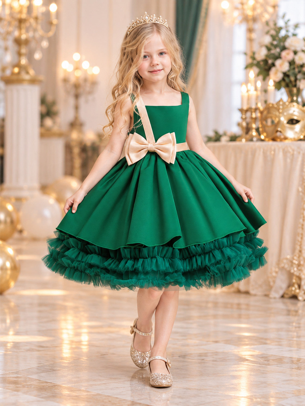 Dark Green Girls' Holiday Dress with Bow at the Waist