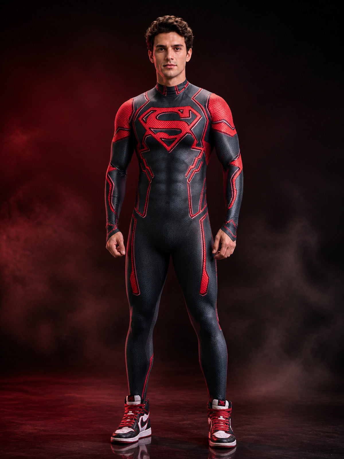 Superboy Costume Bodysuit, Black Red Pattern with S Logo main product view