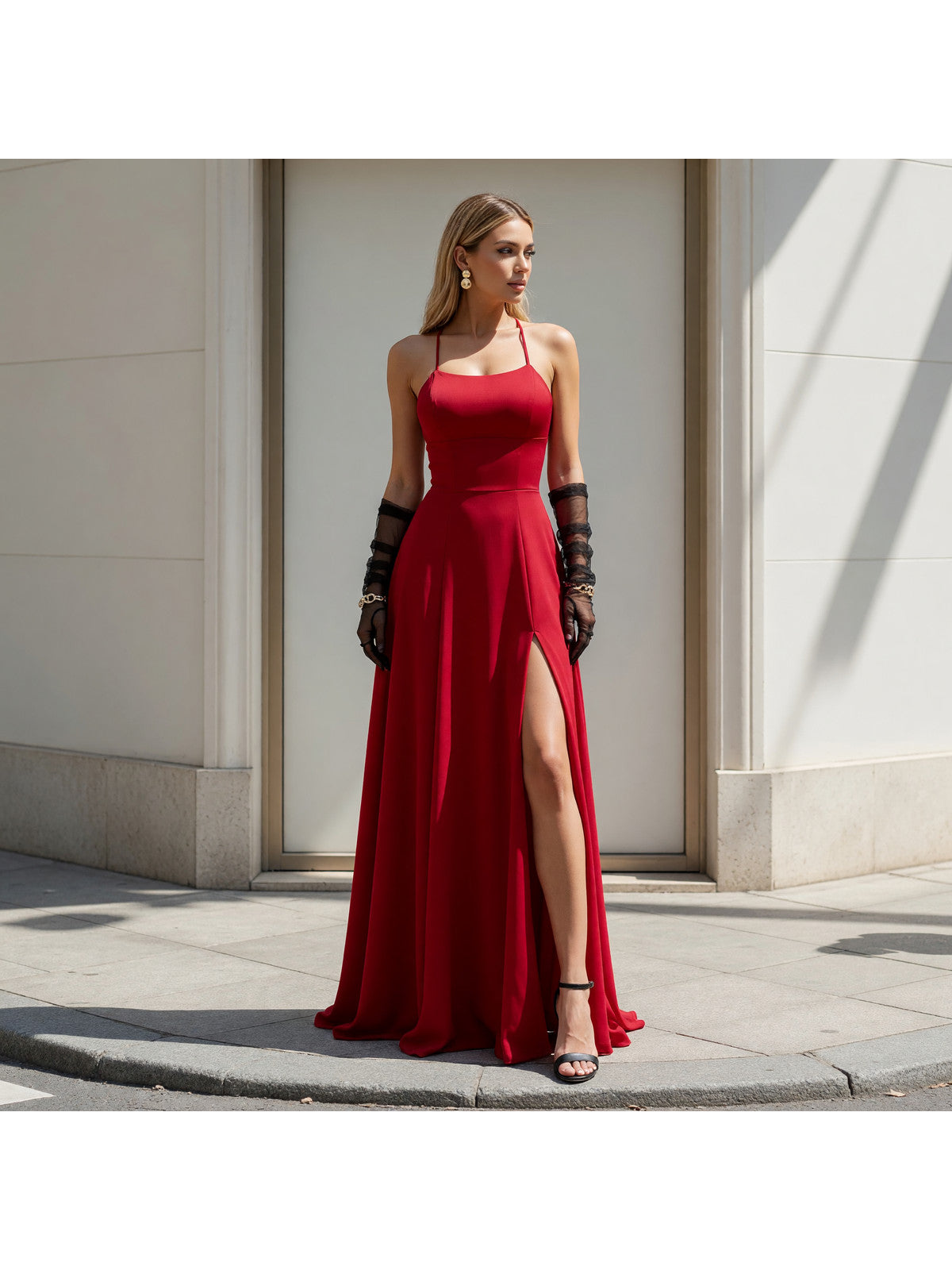 Red Women's Dress with Straps and a High Slit