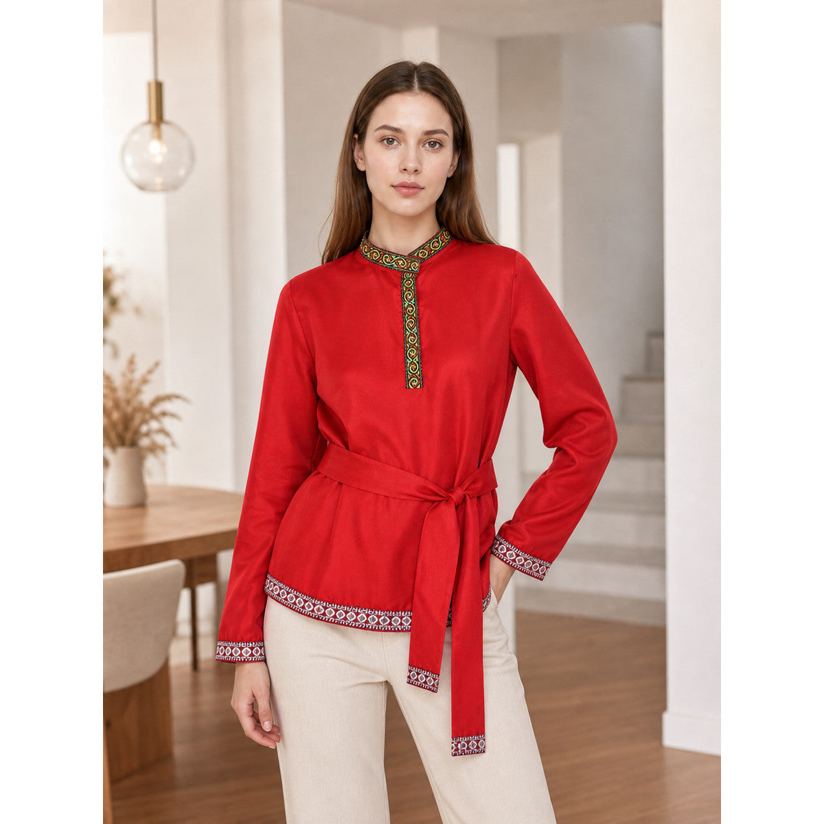 Red Tunic with Ornament, Stand-Up Collar, and Belt lifestyle view