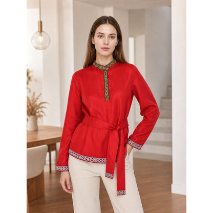 Red Tunic with Ornament, Stand-Up Collar, and Belt lifestyle view