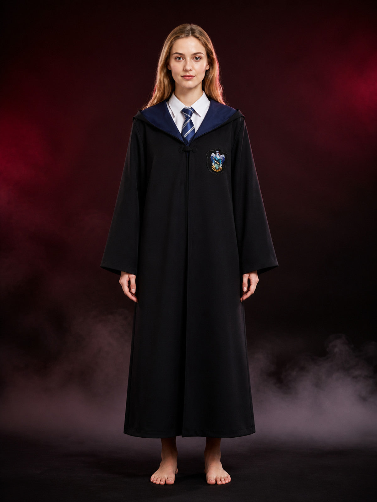 Wizard Robe Costume Set, Long-Sleeve Black Cloak With Blue-White Striped Tie main product view